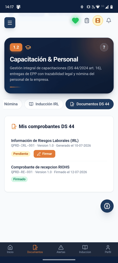 Módulo Capacitación y Personal de RISKFLOW mostrando comprobantes DS 44 firmados y pendientes de firma